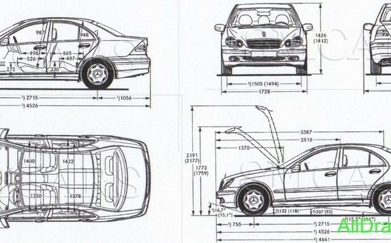 Mercedes-Benz C230 (2003) (Мерcедес-Бенз C230 (2003)) - чертежи (рисунки) автомобиля